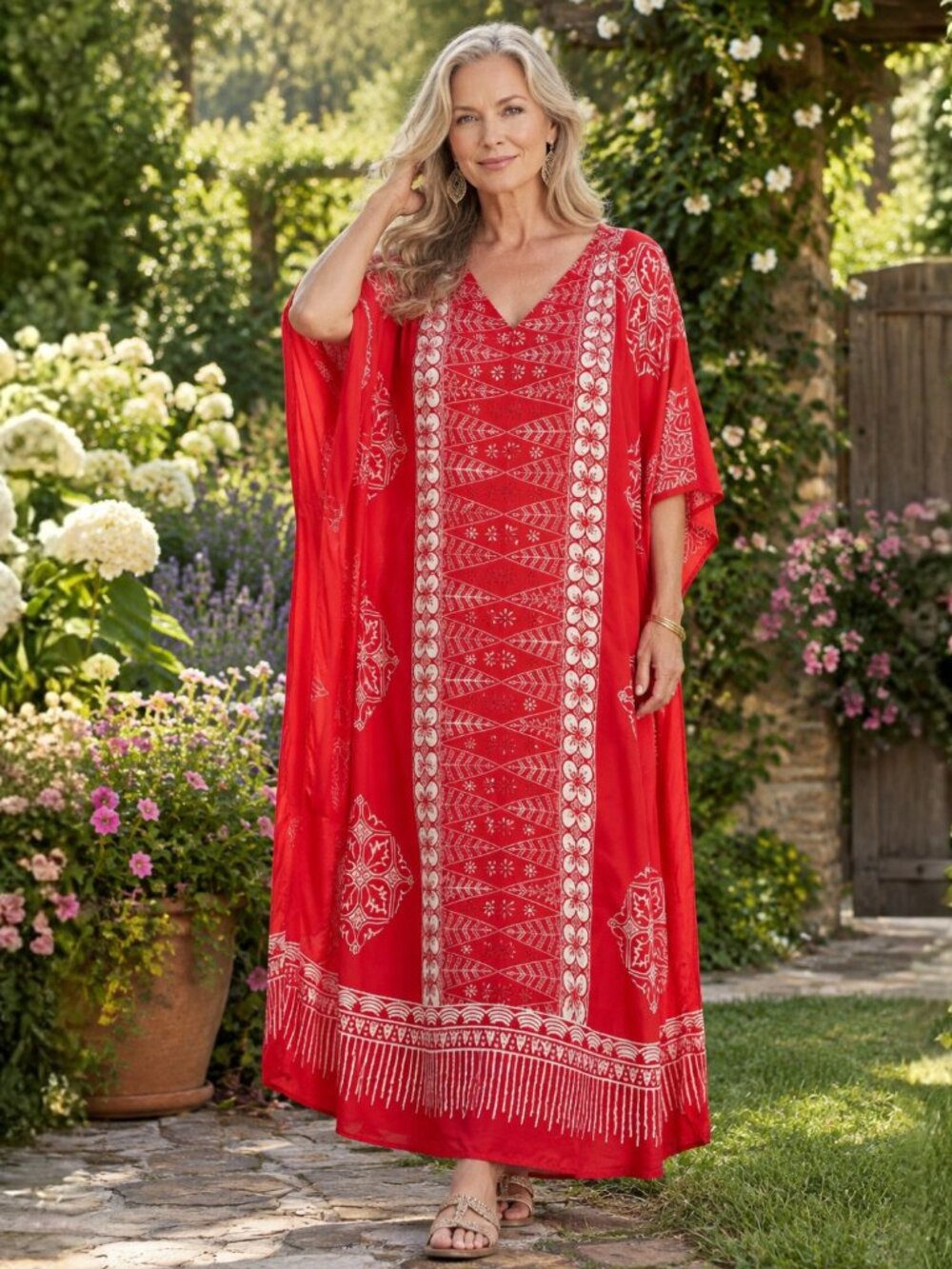 Women Plus Size Floral Red Kaftan Maxi Dress Halloween Gifts for Ladies